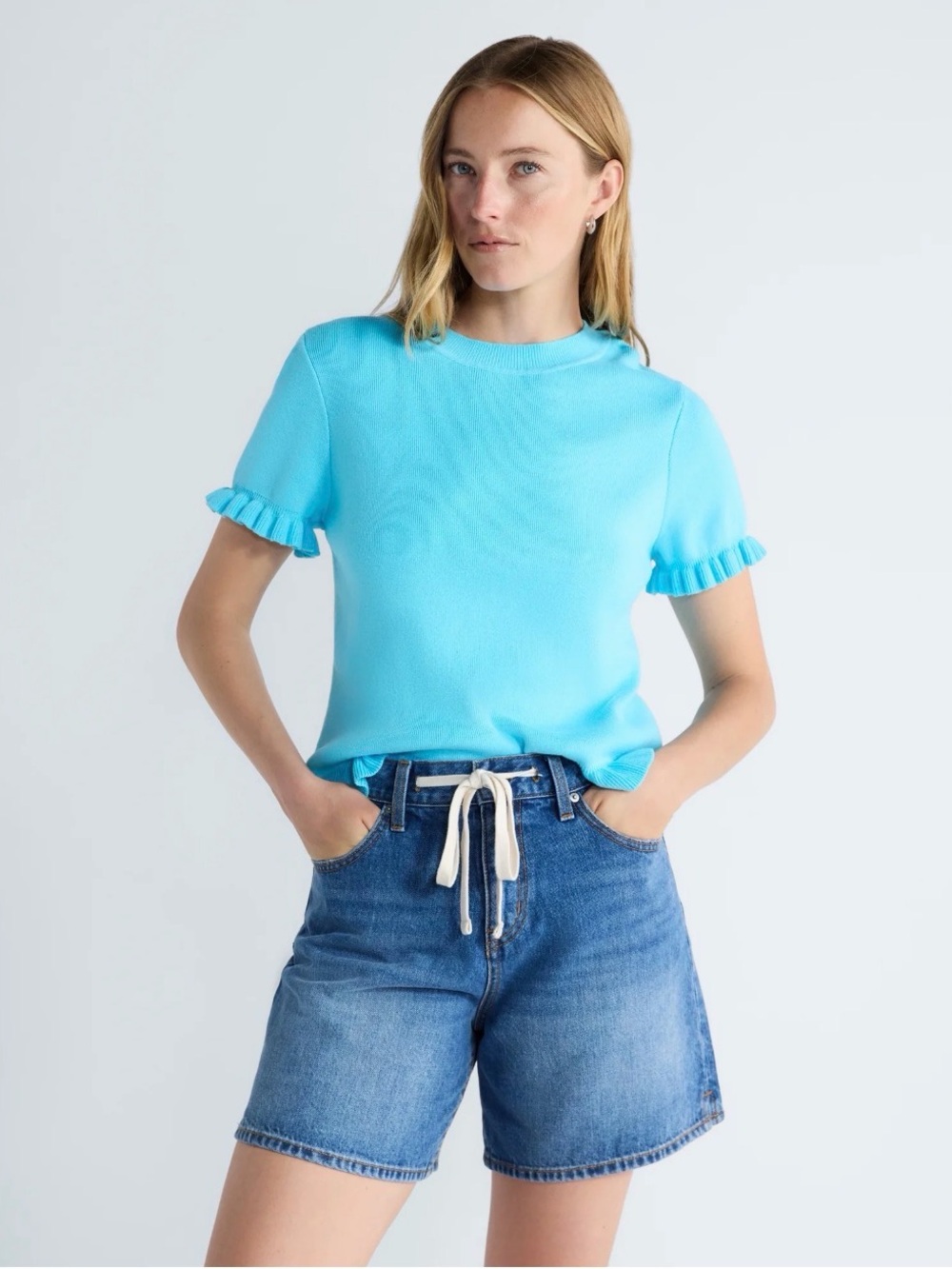 New Free Assembly Women’s Ruffle Trim Sweater with Short Sleeves, Lightweight